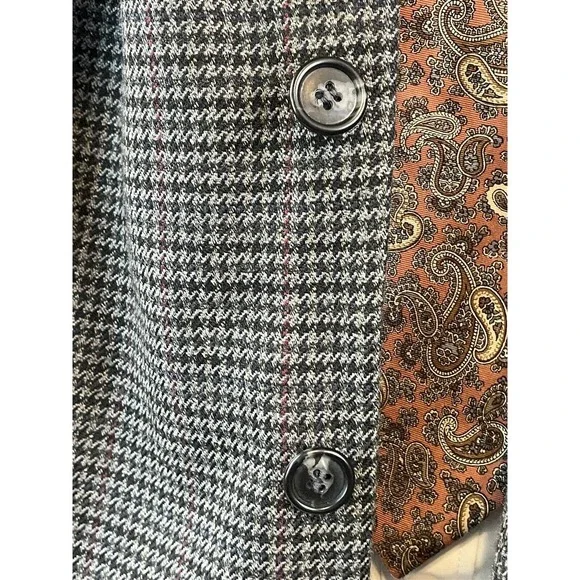 VTG Stafford 44S‎ Gray Houndstooth Check Wool Blend Tweed 2 Roll 1 Sport Coat